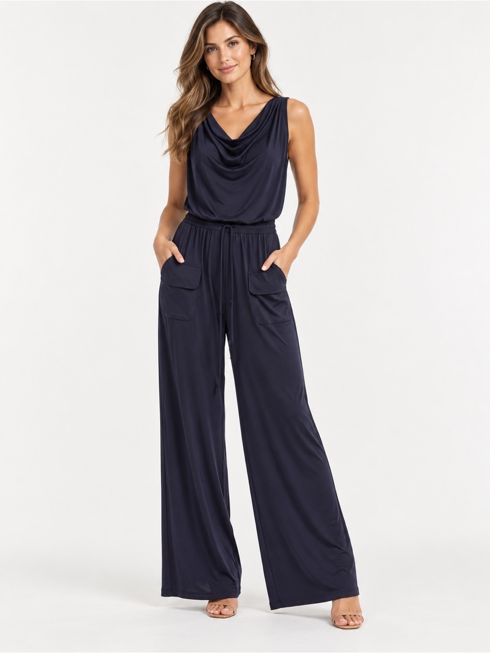 Vince Camuto Navy Blue Sleeveless Cowl Neck Wide Leg Jumpsuit XS